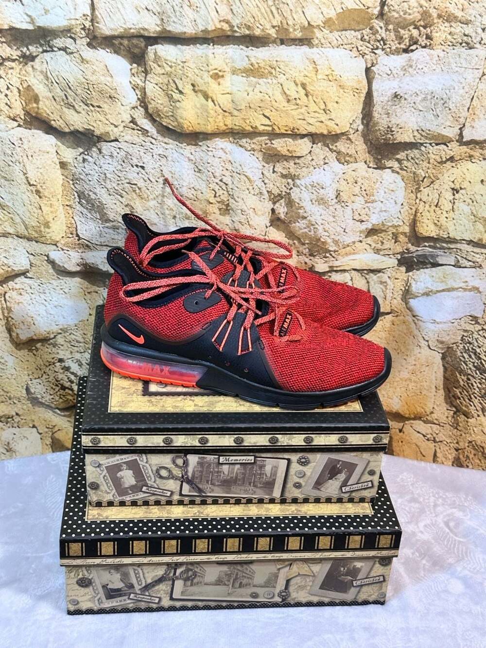 Nike Air Max Sequent 3 Black and Total Crimson Red Running Shoes Size 10